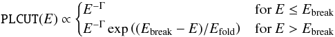 Mathematical equation: \begin{equation} \label{eq:plcut} \texttt{PLCUT}(E) \propto \begin{cases} E^{-\Gamma} & \mbox{for }E\le E_{\rm break} \\ E^{-\Gamma} \exp\left((E_{\rm break}-E)/\Efold\right) & \mbox{for }E>E_{\rm break} \end{cases} \end{equation}