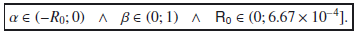 Mathematical equation: \hbox{$\\alpha \in (-R_0 ;0)\:\:\:\wedge\:\:\:\beta \in (0 ;1)\:\:\:\wedge\:\:\:\mathsf{R_0} \in (0 ;6.67\times 10^{-4}].$}