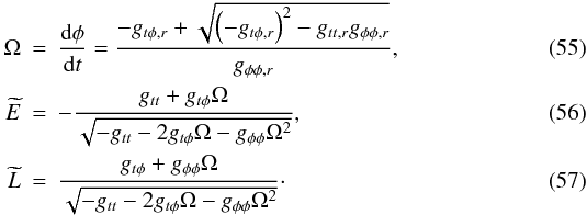 Mathematical equation: \begin{eqnarray} \Omega & = & \frac{{\rm d}\phi}{{\rm d}t} = \frac{-g_{t\phi,r}+\sqrt{\left(-g_{t\phi,r}\right)^{2}-g_{tt,r}g_{\phi\phi,r}}}{g_{\phi\phi,r}},\label{omega1}\\ \widetilde{E} & = & - \frac{g_{tt} + g_{t\phi} \Omega}{\sqrt{-g_{tt}-2g_{t\phi}\Omega-g_{\phi\phi}\Omega^{2}}},\label{energia}\\ \widetilde{L} & = & \frac{g_{t\phi}+g_{\phi\phi} \Omega}{\sqrt{-g_{tt}-2g_{t\phi}\Omega-g_{\phi\phi}\Omega^{2}}}\cdot\label{moml} \end{eqnarray}