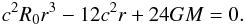 Mathematical equation: \begin{equation} \label{hori} c^{2}R_{0} r^{3}-12c^{2} r+24GM = 0. \end{equation}