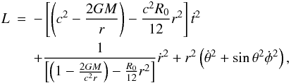 Mathematical equation: \begin{eqnarray} \label{lagr-sc} L & = & - \left[\left(c^{2}-\frac{2GM}{r}\right)-\frac{c^{2}R_{{0}}}{12}r^{2}\right] \dot{t}^{2}\\ \nonumber & &+ \frac{1}{\left[\left(1-\frac{2GM}{c^{2}r}\right)-\frac{R_{{0}}}{12}r^{2}\right]} \dot{r}^{2} +r^{2}\left(\dot{\theta}^{2}+{\sin \theta}^{2} \dot{\phi}^{2}\right), \end{eqnarray}