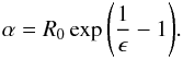 Mathematical equation: \begin{equation} \label{ep} \alpha = R_0\exp{\left(\frac{1}{\epsilon}-1\right)} . \end{equation}