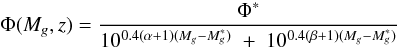 Mathematical equation: \begin{equation} \Phi(M_g,z) = \frac{\Phi^*}{10^{0.4(\alpha+1)(M_g-M_g^*)}\;+\;10^{0.4(\beta+1)(M_g-M_g^*)}} \label{eq:phi} \end{equation}