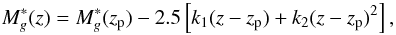 Mathematical equation: \begin{equation} M_g^*(z)=M_g^*(z_{\rm p})-2.5\left[k_1(z-z_{\rm p})+k_2(z-z_{\rm p})^2\right], \label{eq:mg2} \end{equation}