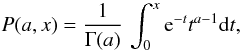 Mathematical equation: \begin{equation} P(a,x)=\frac{1}{\Gamma(a)} \, \int_0^x {\rm e}^{-t} t^{a-1} {\rm d}t, \label{eq:pois} \end{equation}