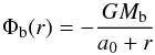 Mathematical equation: \begin{equation} \Phi_{\rm b}(r) = -\frac{GM_{\rm b}}{a_{0} + r} \label{eq:hernquist} \end{equation}
