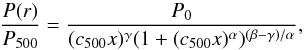 Mathematical equation: \begin{equation} \frac{P(r)}{P_{500}}=\frac{P_0}{(c_{500}x)^\gamma(1+(c_{500}x)^\alpha)^{(\beta-\gamma)/\alpha}}, \label{eqgnfw} \end{equation}