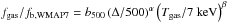 Mathematical equation: \hbox{$f_{\rm gas}/f_{\rm b, WMAP7} = b_{500} \left(\Delta/500\right)^\alpha \left(T_{\rm gas}/7\mbox{ keV}\right)^\beta$}