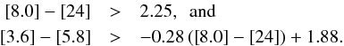 Mathematical equation: \begin{eqnarray*} \left [8.0 \right ] - \left [24 \right ] & > & 2.25, \,\,\, {\rm and} \\ \left [3.6 \right ] - \left [5.8 \right ] & > & -0.28 \, (\left [8.0 \right ] - \left [24 \right ]) + 1.88. \end{eqnarray*}