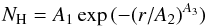 Mathematical equation: \begin{equation} N_{\rm H}=A_1 \exp\, (-(r/A_2)^{A_3}) \label{ed:distrdens} \end{equation}