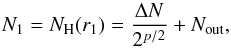 Mathematical equation: \begin{equation} \label{eq-dens1} N_1 = N_{\rm H}(r_1) = \frac{\Delta N}{2^{p/2}} + N_{\rm out}, \end{equation}