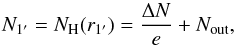 Mathematical equation: \begin{equation} \label{eq-dens1a} N_{1^{\prime}} = N_{\rm H}(r_{1^{\prime}}) = \frac{\Delta N}{e} + N_{\rm out}, \end{equation}