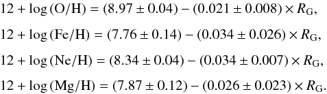 Mathematical equation: \begin{eqnarray} {} && 12 + \log\,({\rm O/H}) = (8.97 \pm 0.04) - (0.021 \pm 0.008) \times R_{\rm G}, \nonumber \\[1.5mm] && 12 + \log\,({\rm Fe/H}) = (7.76 \pm 0.14) - (0.034 \pm 0.026) \times R_{\rm G}, \nonumber \\[1.5mm] && 12 + \log\,({\rm Ne/H}) = (8.34 \pm 0.04) - (0.034 \pm 0.007) \times R_{\rm G}, \nonumber \\[1.5mm] && 12 + \log\,({\rm Mg/H}) = (7.87 \pm 0.12) - (0.026 \pm 0.023) \times R_{\rm G}. \nonumber \end{eqnarray}