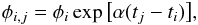 Mathematical equation: \begin{equation} \label{correlation_function} \phi_{i,j} = \phi_{i} \exp \big[ \alpha (t_{j} - t_{i}) \big] , \end{equation}