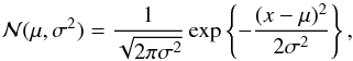 Mathematical equation: \begin{equation} \label{gaussian} \mathcal{N}(\mu, \sigma^{2}) = \frac{1}{\sqrt{2\pi \sigma^{2}}} \exp \left\{ - \frac{(x - \mu)^{2}}{2 \sigma^{2}} \right\} , \end{equation}