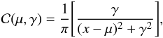 Mathematical equation: \begin{equation} \label{cauchy} \mathcal{C}(\mu, \gamma) = \frac{1}{\pi} \Bigg[ \frac{\gamma}{(x - \mu)^{2} + \gamma^{2}} \Bigg] , \end{equation}