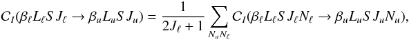 Mathematical equation: \begin{equation} \mathcal{C}_I(\beta_{\ell} L_{\ell} S J_{\ell} \rightarrow \beta_u L_u S J_u) = \frac{1}{2J_{\ell} +1} \sum_{N_u N_{\ell}} \mathcal{C}_I(\beta_{\ell} L_{\ell} S J_{\ell} N_{\ell} \rightarrow \beta_u L_u S J_u N_u), \end{equation}