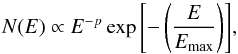 Mathematical equation: \begin{equation} N(E)\propto E^{-p} \exp{\left[-\left(\frac{E}{E_{\rm max}}\right)\right]}, \end{equation}