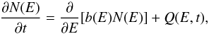Mathematical equation: \begin{equation} \frac{\partial N(E)}{\partial t}=\frac{\partial}{\partial E}[b(E)N(E)]+Q(E,t), \end{equation}