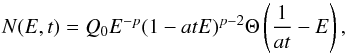 Mathematical equation: \begin{equation} N(E,t)=Q_0E^{-p} (1-atE)^{p-2} \Theta\left( \frac{1}{at}-E \right), \end{equation}