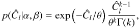 Mathematical equation: \begin{equation} \label{pgamma} p(\hat C_l|\alpha,\beta) = \exp\lp -\hat C_l / \theta\rp\frac{ \hat C_l^{k-1}}{\theta^k \Gamma(k)}, \end{equation}