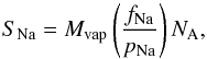Mathematical equation: \begin{equation} \label{frazione_atomi} S_{\rm Na}=M_{\rm vap}\left(\frac{f_{\rm Na}}{p_{\rm Na}}\right)N_{\rm A} , \end{equation}
