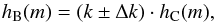 Mathematical equation: \begin{equation} h_{\rm B}(m)=(k\pm \Delta k) \cdot h_{\rm C}(m) , \end{equation}