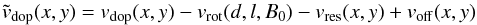Mathematical equation: \begin{equation} \tilde{v}_{\rm dop}(x,y)=v_{\rm dop}(x,y)-v_{\rm rot}(d,l,B_0)-v_{\rm res}(x,y)+v_{\rm off}(x,y) \end{equation}