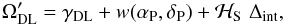 Mathematical equation: \begin{equation} \label{eq:DLmodel} \Omega'_{\rm DL} = \gamma_{\rm DL} + w(\alpha_{\rm P}, \delta_{\rm P}) + \mathcal{H}_{\rm S} \,\, \Delta_{\rm int}, \end{equation}