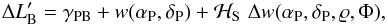 Mathematical equation: \begin{equation} \label{eq:PRIMETBmodel} \Delta L'_{\rm B} = \gamma_{\rm PB} + w(\alpha_{\rm P}, \delta_{\rm P}) + \mathcal{H}_{\rm S} \,\, \Delta w(\alpha_{\rm P}, \delta_{\rm P}, \varrho,\Phi), \end{equation}