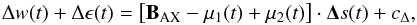 Mathematical equation: \begin{eqnarray*} \Delta w(t) + \Delta \epsilon(t) = \left[ {\vec B}_\mathrm{AX} - \vec \mu_{1}(t) + \vec \mu_{2}(t)\right] \cdot \vec \Delta s(t) + c_\Delta, \end{eqnarray*}