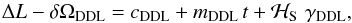 Mathematical equation: \appendix \setcounter{section}{2} \begin{equation} \label{eq:diffmodel} \Delta L - \delta \Omega_{\rm DDL} = c_{\rm DDL} + m_{\rm DDL} \,t + \mathcal{H}_{\rm S} \,\,\gamma_{\rm DDL}, \end{equation}