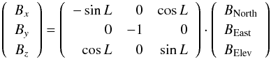 Mathematical equation: \begin{equation} \label{bb2} \left( \begin{array}{c} B_{x}\\ B_{y}\\ B_{z} \end{array} \right) = \left( \begin{array}{rrr} - \sin{L} & 0& \cos{L} \\ 0& -1& 0\\ \cos{L}&0& \sin{L}\\ \end{array} \right) \cdot \left(\begin{array}{l} B_\mathrm{North}\\ B_\mathrm{East}\\ B_\mathrm{Elev}\\ \end{array}\right) \end{equation}