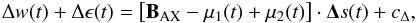 Mathematical equation: \begin{equation} \label{eq:nab04} \Delta w(t) + \Delta \epsilon(t) = \left[ \vec B_\mathrm{AX} - \vec \mu_{1}(t) + \vec \mu_{2}(t)\right] \cdot \vec \Delta s(t) + c_\Delta, \end{equation}