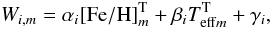 Mathematical equation: \appendix \setcounter{section}{1} \begin{equation} W_{i,m} = \alpha_{i}[{\rm Fe/H}]_{m}^{\rm T} + \beta_{i}T_{{\rm eff} m}^{\rm T} + \gamma_{i}, \label{first} \end{equation}