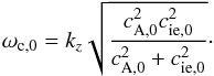 Mathematical equation: \begin{equation} \omega_{\rm c,0} = k_z\sqrt{\frac{c_{\rm A,0}^2 c_{\rm ie,0}^2}{c_{\rm A,0}^2 + c_{\rm ie,0}^2}}\cdot\label{eq:cuspfreq} \end{equation}