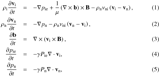 Mathematical equation: \begin{eqnarray} \label{eq:momlinion} \rho_{\rm i} \frac{\partial {\vec v}_{\rm i}}{\partial t} &=& - \nabla p_{\rm ie} + \frac{1}{\mu} \left( \nabla \times {\vec b} \right) \times {\vec B} - \rho_{\rm n} \nu_{\rm ni}\left( {\vec v}_{\rm i} - {\vec v}_{\rm n} \right), \\ \label{eq:momlinneu} \rho_{\rm n} \frac{\partial {\vec v}_{\rm n}}{\partial t} &=& - \nabla p_{\rm n} - \rho_{\rm n} \nu_{\rm ni} \left( {\vec v}_{\rm n} - {\vec v}_{\rm i} \right), \\ \label{eq:inductionlin} \frac{\partial {\vec b}}{\partial t} &=& \nabla \times \left( {\vec v}_{\rm i} \times {\vec B} \right), \\ \label{eq:presslinion} \frac{\partial p_{\rm ie}}{\partial t} &=& - \gamma P_{\rm ie} \nabla \cdot {\vec v}_{\rm i}, \\ \label{eq:presslin} \frac{\partial p_{\rm n}}{\partial t} &=& - \gamma P_{\rm n} \nabla \cdot {\vec v}_{\rm n}, \end{eqnarray}