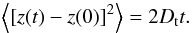 Mathematical equation: \begin{equation} \label{eq_D_depl} \left\langle [z(t)-z(0)]^2\right\rangle=2D_{\rm t}t. \end{equation}