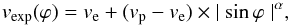 Mathematical equation: \begin{equation} v_{\rm exp}(\varphi) = v_{\rm e} + (v_{\rm p} - v_{\rm e}) \times {\mid{\sin \varphi}\mid}^{\alpha}, \end{equation}