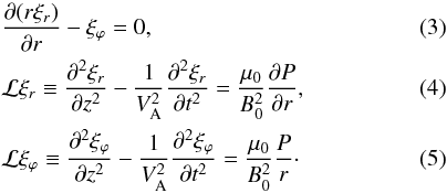Mathematical equation: \begin{eqnarray} \label{eq:2.6} &&\frac{\partial(r\xi_r)}{\partial r} - \xi_\varphi = 0, \\ \label{eq:2.7} &&{\cal L} \xi_r \equiv \frac{\partial^2\xi_r}{\partial z^2} - \frac{1}{V_{\rm A}^2}\frac{\partial^2\xi_r}{\partial t^2} = \frac{\mu_{0}}{B_0^2}\frac{\partial P}{\partial r} , \\ \label{eq:2.8} &&{\cal L} \xi_\varphi \equiv \frac{\partial^2\xi_\varphi}{\partial z^2} - \frac{1}{V_{\rm A}^2}\frac{\partial^2\xi_\varphi}{\partial t^2} = \frac{\mu_{0}}{B_0^2}\frac {P}{r} \cdot \end{eqnarray}
