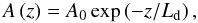 Mathematical equation: \begin{equation} A \left( z \right) = A_0 \exp \left( - z / L_{\rm d} \right), \label{exp} \end{equation}