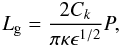 Mathematical equation: \begin{equation} L_{\rm g} = \frac{2 C_k}{\pi \kappa \epsilon^{1/2}} P, \label{Lg_period} \end{equation}