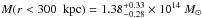 Mathematical equation: \hbox{$M (r< 300~{\rm~kpc}) = 1.38_{-0.28}^{+0.33} \times 10 ^{14}~M_\odot$}