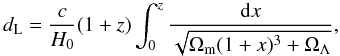 Mathematical equation: \begin{equation} d_{\rm L}= \frac{c}{H_0}(1+z) \int^z_0{\frac{{\rm d}x}{\sqrt{\Omega_{\rm m}(1+x)^3+\Omega_{\Lambda}}}}, \end{equation}