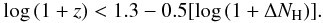 Mathematical equation: \begin{equation} \label{formulaGrupe} \log \,(1+z) < 1.3-0.5[ \log \,(1+\Delta N_{\rm H})]. \end{equation}