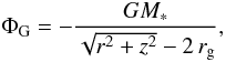 Mathematical equation: \begin{equation} \Phi_{\rm G}=-\frac{GM_*}{\sqrt{r^2+z^2}-2\,r_{\rm g}}, \label{eq:PW} \end{equation}