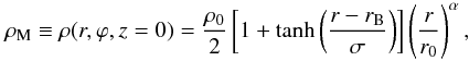 Mathematical equation: \begin{equation} \rho_{\rm M}\equiv\rho(r,\varphi,z=0)=\frac{\rho_0}{2}\left[1+\tanh\left(\frac{r-r_{\rm B}}{\sigma }\right)\right]\left(\frac{r}{r_{0}}\right)^\alpha, \label{eq:rhomidplane} \end{equation}