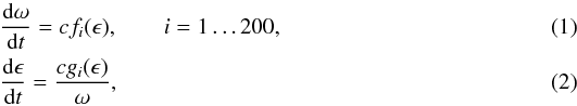 Mathematical equation: \begin{eqnarray} &&{{\rm d}\omega\over{\rm d} t} = c f_i(\epsilon),\qquad i = 1 \dots 200,\label{eq:domega}\\ &&{{\rm d}\epsilon\over{\rm d} t}= {c g_i(\epsilon)\over\omega},\label{eq:depsil} \end{eqnarray}