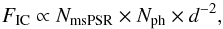 Mathematical equation: \begin{equation} \label{eq-IC-flux} F_\mathrm{IC} \propto N_\mathrm{msPSR} \times N_\mathrm{ph} \times d^{-2}, \end{equation}