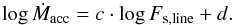 Mathematical equation: \begin{equation} \log{\dot{M}_{\rm acc}} = c \cdot \log{F_{\rm s,line}} + d. \label{eq:mdot_fsurf} \end{equation}
